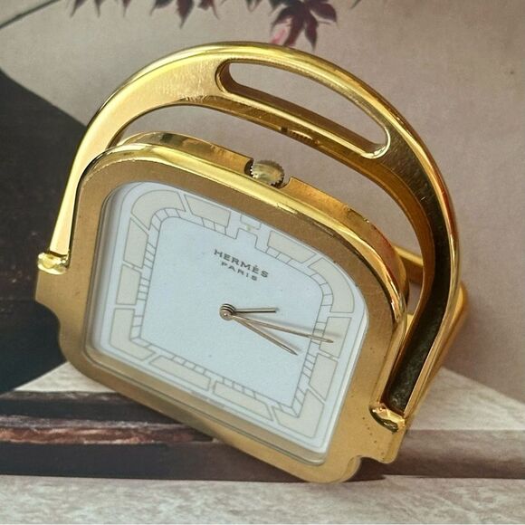 SOLD:Hermès Stirrup Table Alarm Clock Gold - Picture 2 of 10